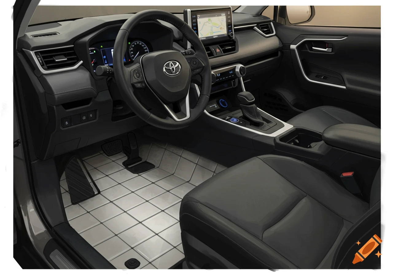 A close-up view of a car interior with black seats, dashboard, and steering wheel, featuring white bathroom tiles on the floor.