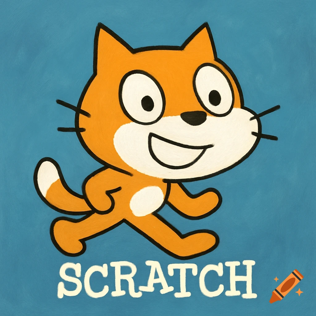 Cartoon orange cat mascot running with SCRATCH text below on a blue background.