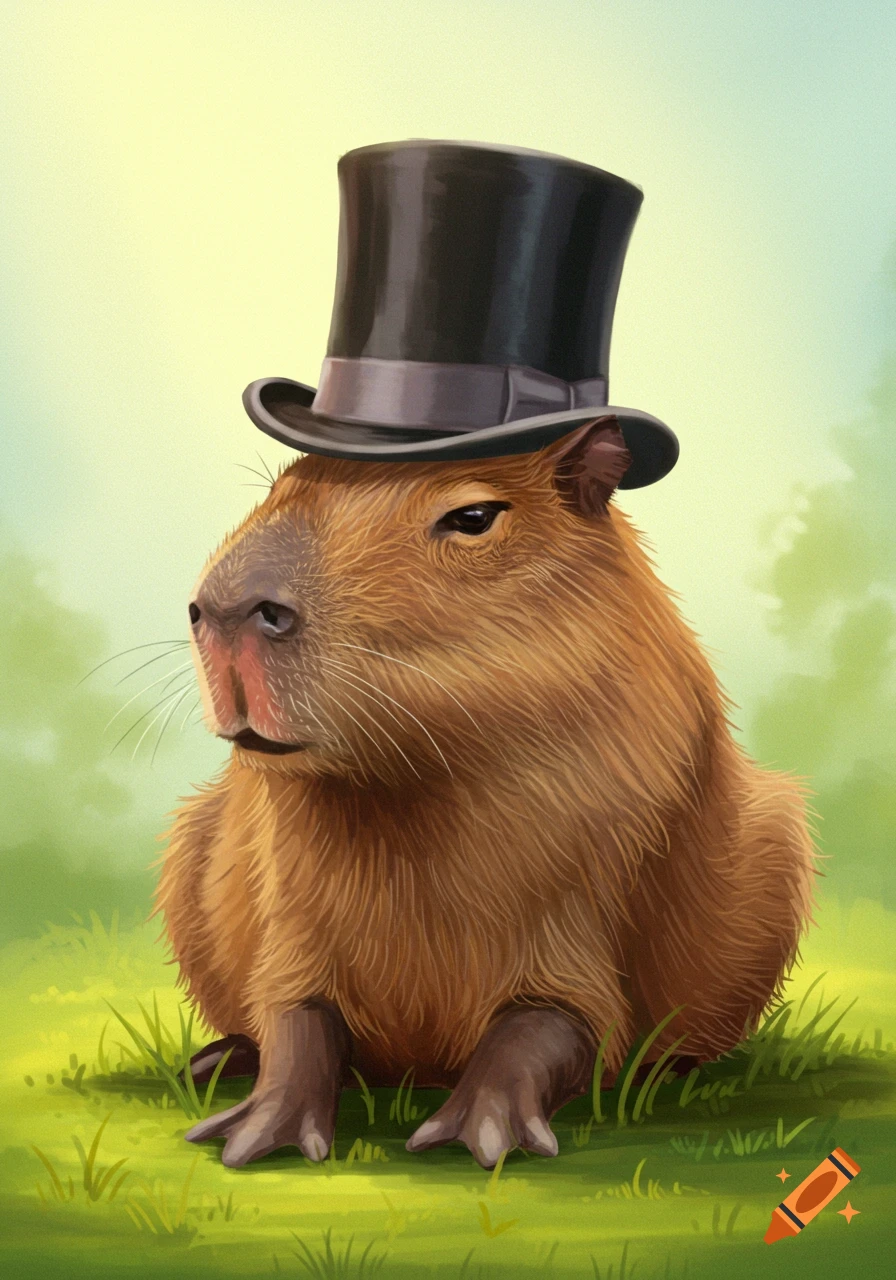 Illustration of a capybara wearing a black top hat sitting in a grassy field.
