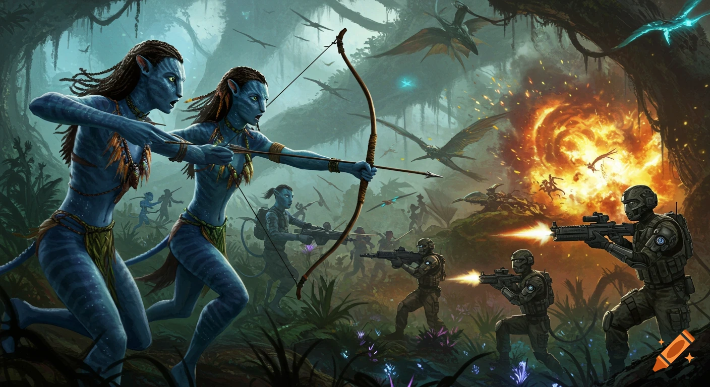 Illustration of Na'vi warriors with bows fighting human soldiers with guns in a jungle battlefield.