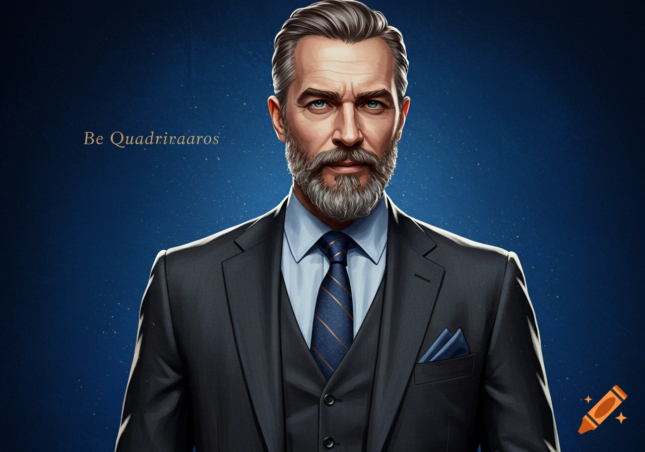 Portrait of a man with a beard in a dark suit and tie against a blue background.