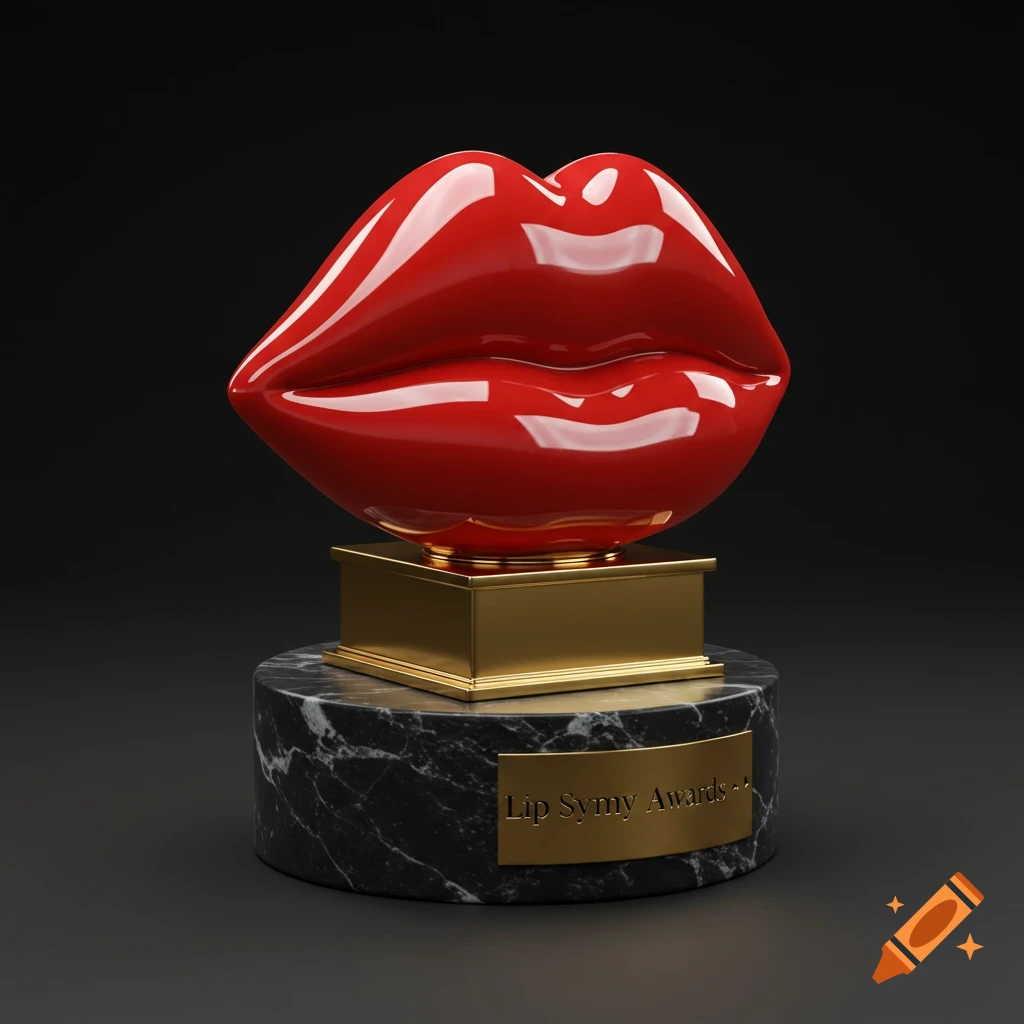 3D render of a glossy red lip sculpture on a gold and marble trophy base.