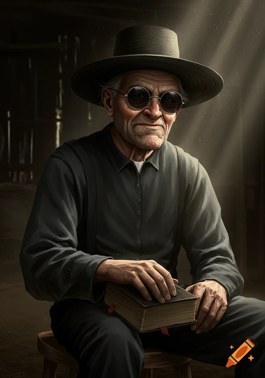 Detailed portrait of an old man in a black shirt, suspenders, and hat, wearing round sunglasses and holding a book.