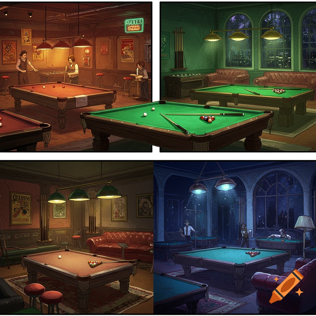 Four panels depict stylized scenes of people playing pool in different billiard rooms.