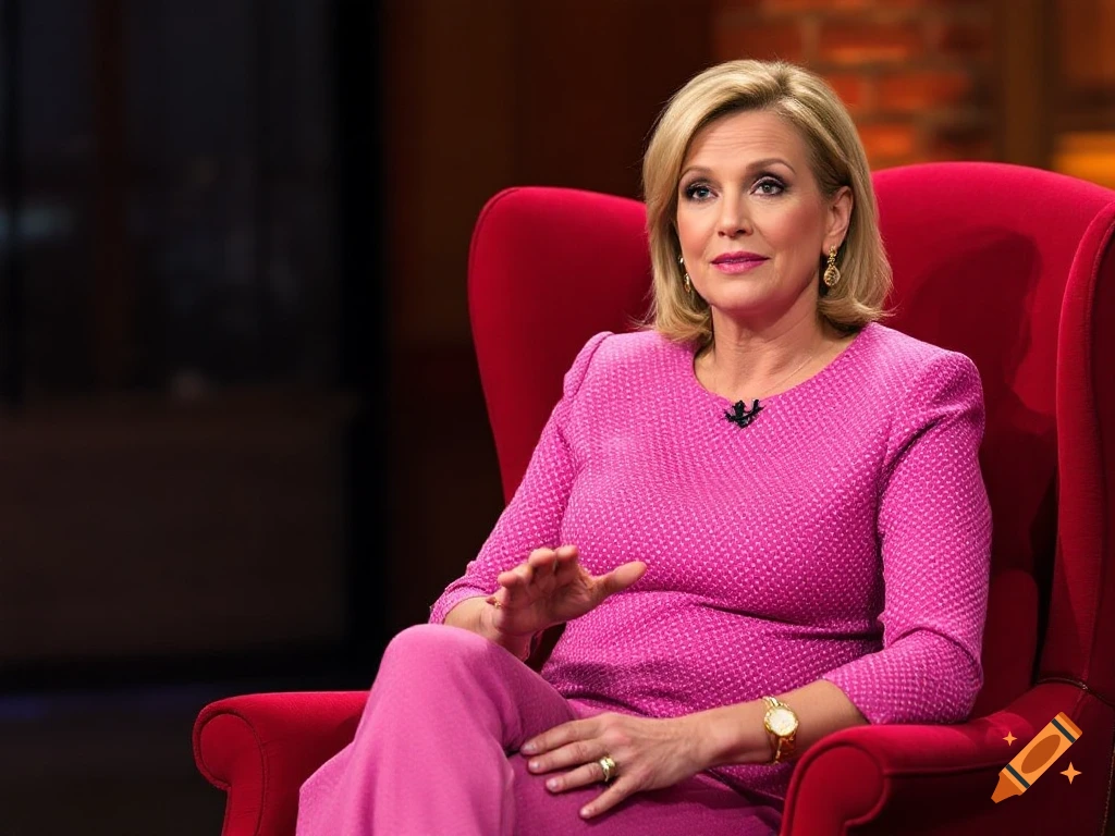 Margaret Hoover, a TV news anchor, sits in a red wingback chair in a studio setting.