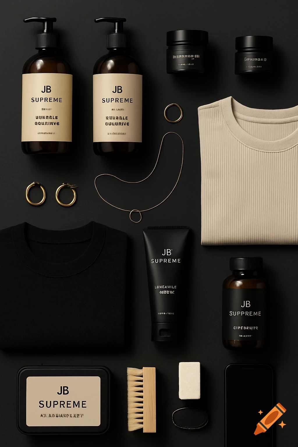 Flat lay of black and cream lifestyle products, including bottles, jars, clothing, jewelry, brush, and phone.