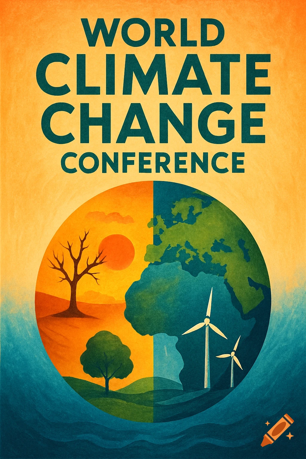 Poster for a climate change conference showing a split globe, one side arid, one green with wind turbines.