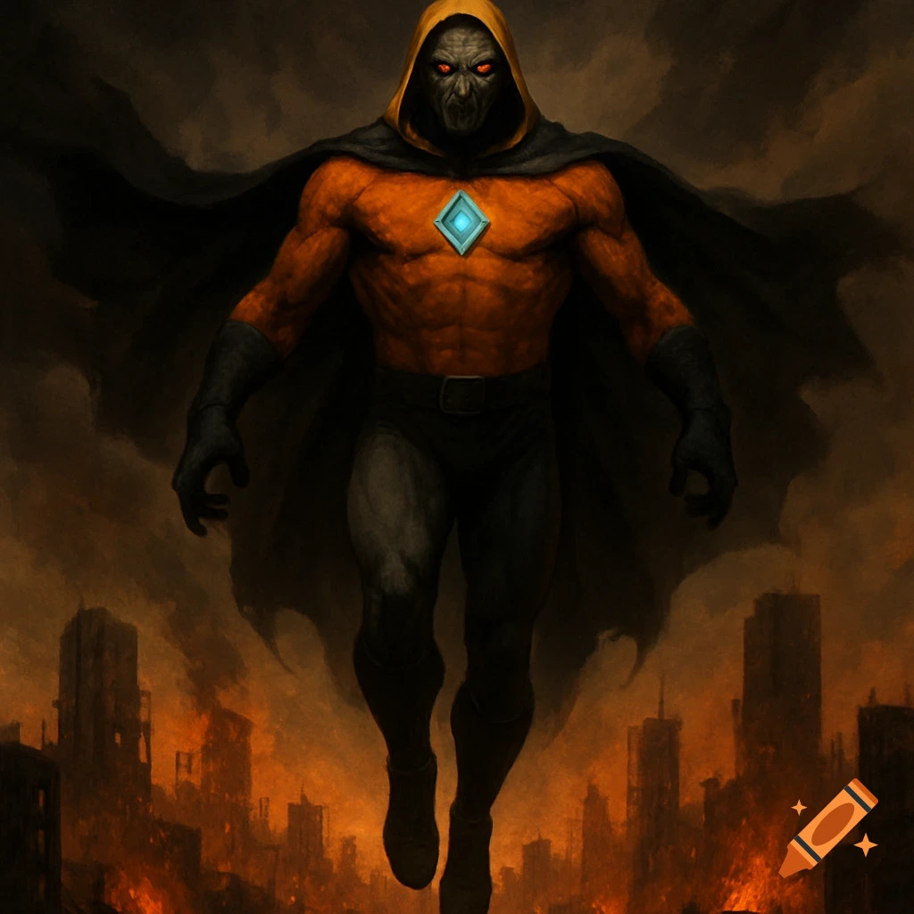 Scary male supervillain with glowing red eyes floats above a burning city.
