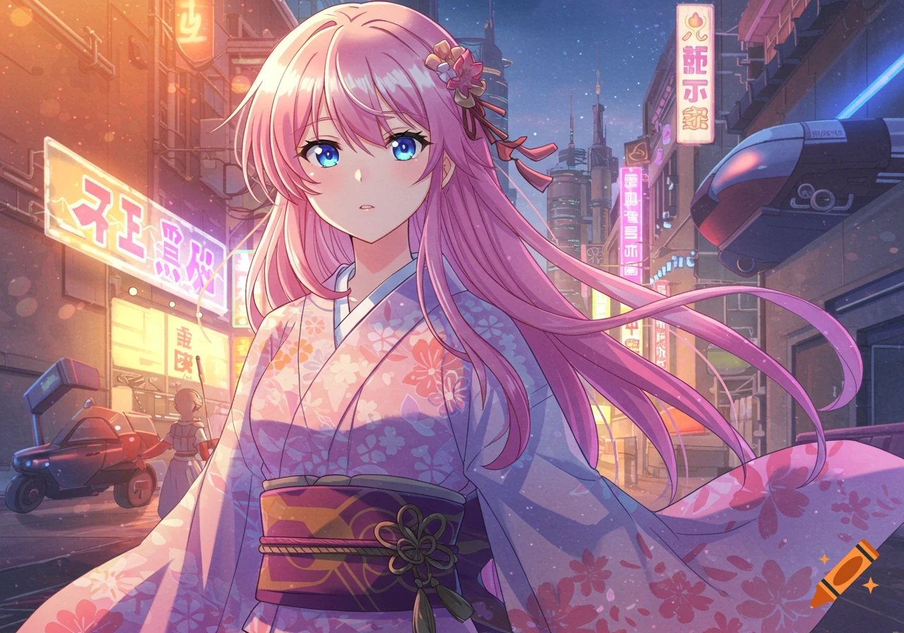Anime girl in a pink kimono stands on a city street at dusk