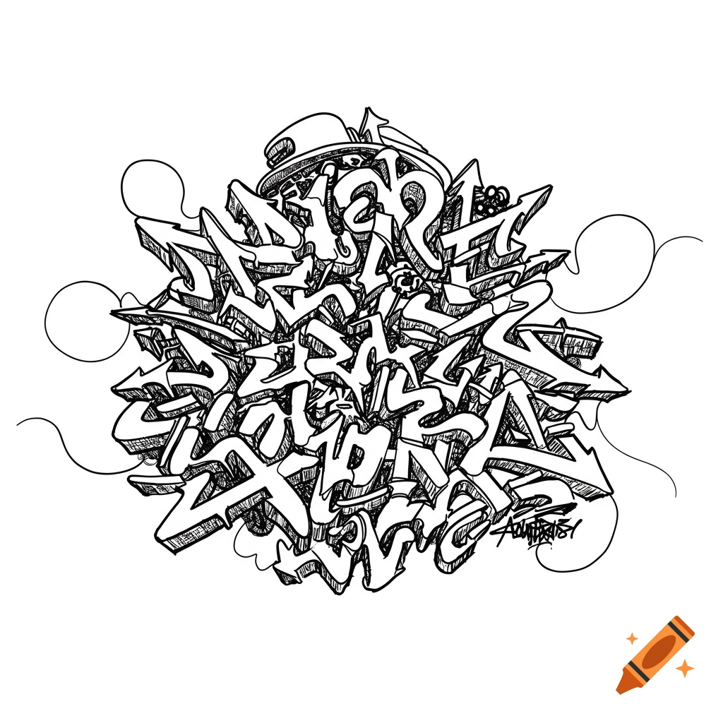 Black and white abstract graffiti line drawing