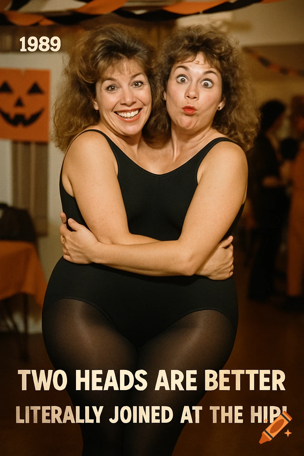 Two women in a two-headed illusion costume at a Halloween party photo.