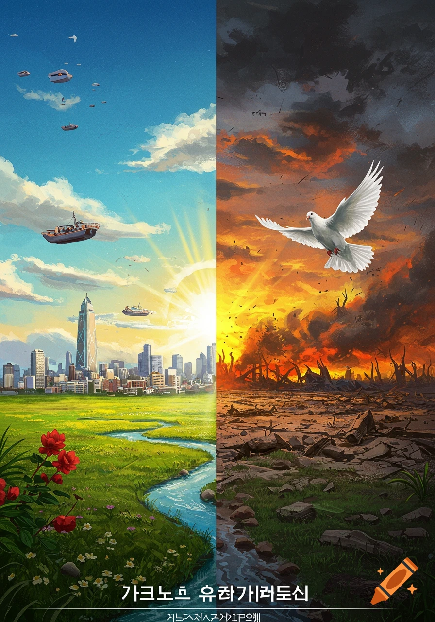 Illustration of a split scene showing a peaceful city and nature on one side and a war-torn landscape on the other, with a dove flying between them.