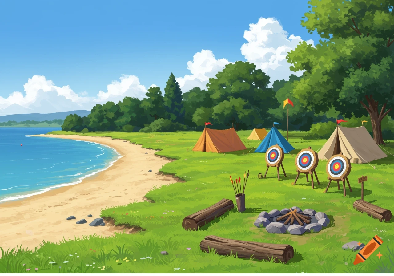 Cartoon illustration of a campsite with tents and archery targets on a grassy beach by a lake.