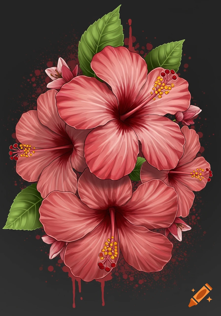Stylized illustration of hibiscus flowers with red splatters on a dark background