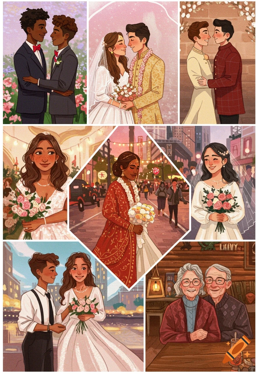 A collage featuring diverse couples celebrating weddings in various settings and styles.