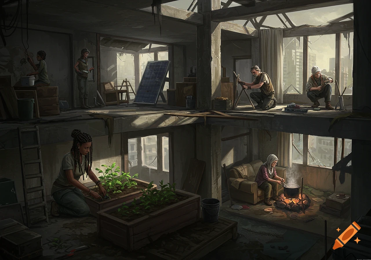 Survivors perform tasks like gardening and cooking in a ruined high-rise building.