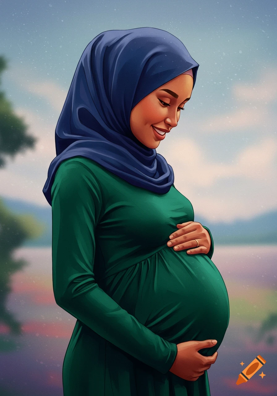 An illustration of a pregnant woman wearing a hijab and green dress, holding her belly outdoors.