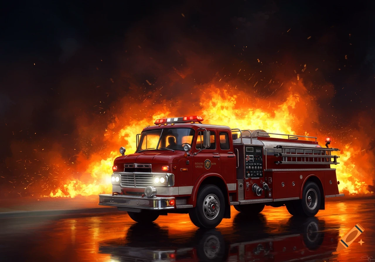 A red fire truck sits before a large fire, reflecting on a wet surface.