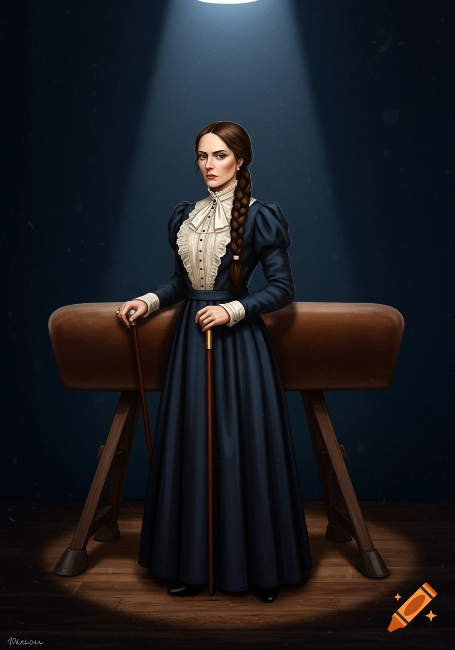 A woman in a historical dress holds canes next to a vaulting horse under a spotlight.