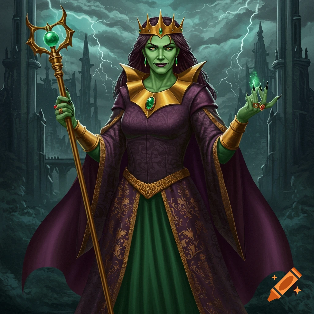 Green-skinned sorceress with crown and staff stands before a castle under a stormy sky.