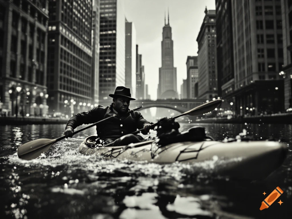 A person in a hat kayaks down a city river in a black and white photo.