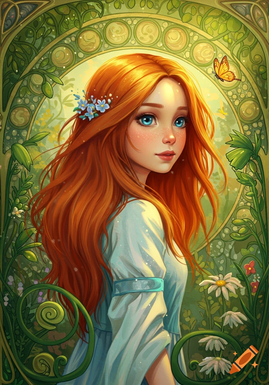 Stylized portrait of a red-haired girl with flowers in her hair, set against a green art nouveau background with plants and a butterfly.