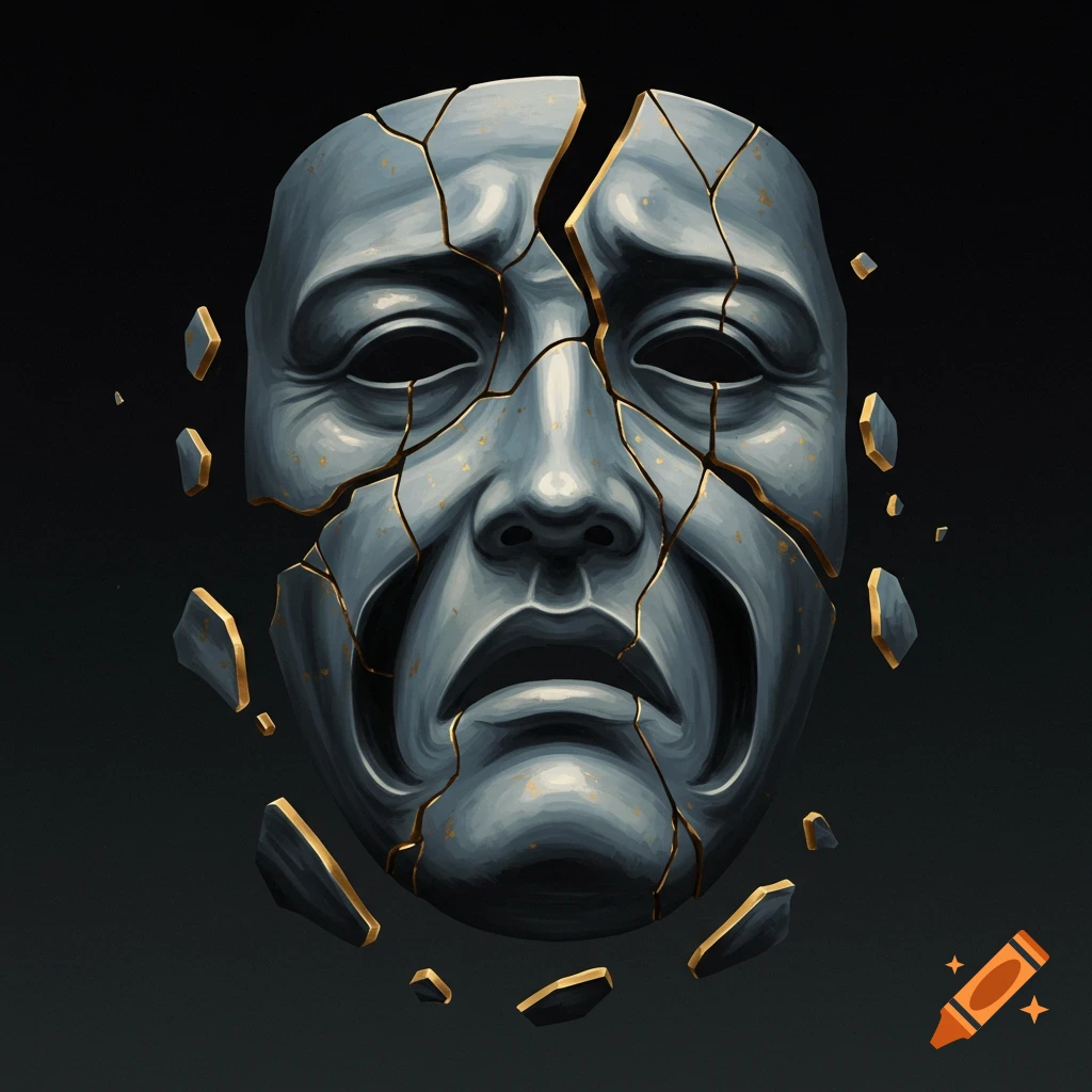 Stylized illustration of a cracked tragedy mask breaking into pieces with gold edges against a dark background.