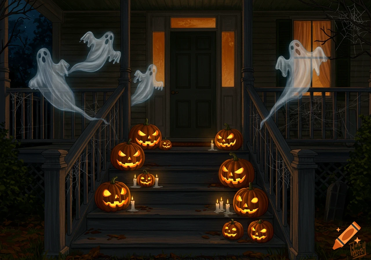 Halloween night scene on a porch with jack-o'-lanterns, candles, spiderwebs, and floating ghosts.