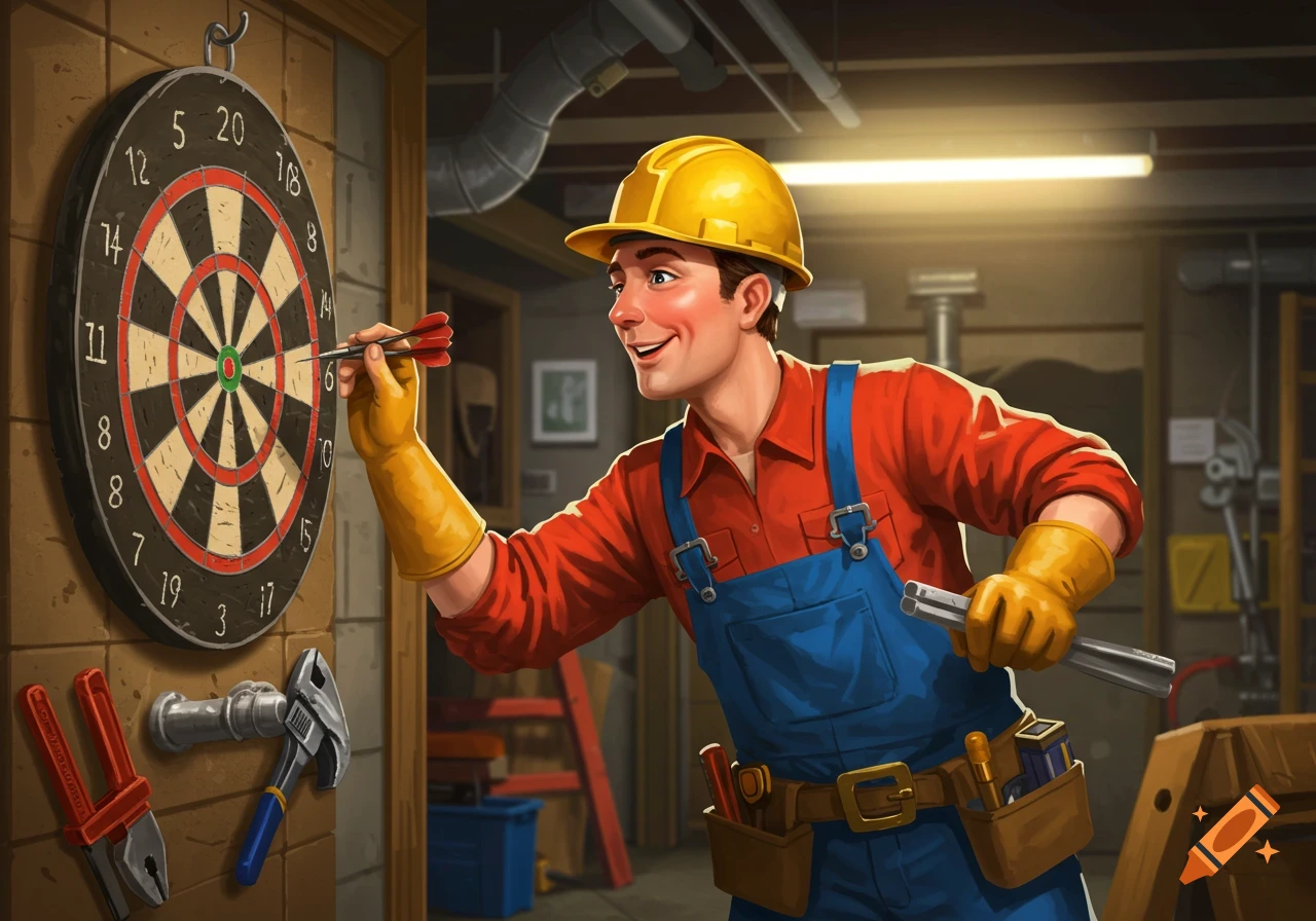An illustration of a man in a plumber's uniform throwing darts in a basement workshop.