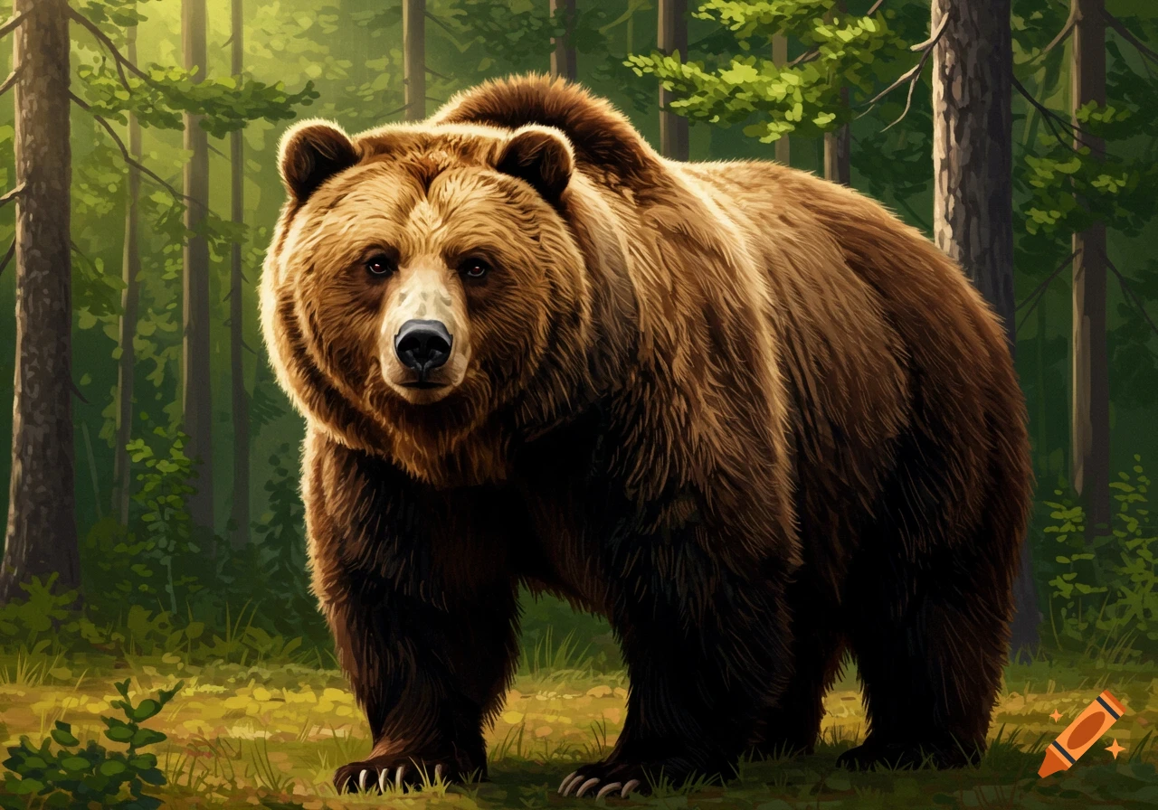 A brown bear stands in a sunlit forest clearing.