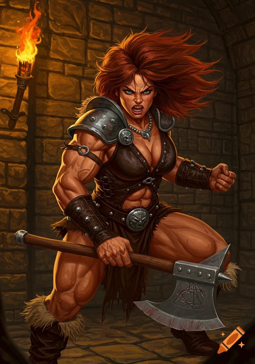 A muscular female barbarian with red hair holds an axe in a stone dungeon with a torch.