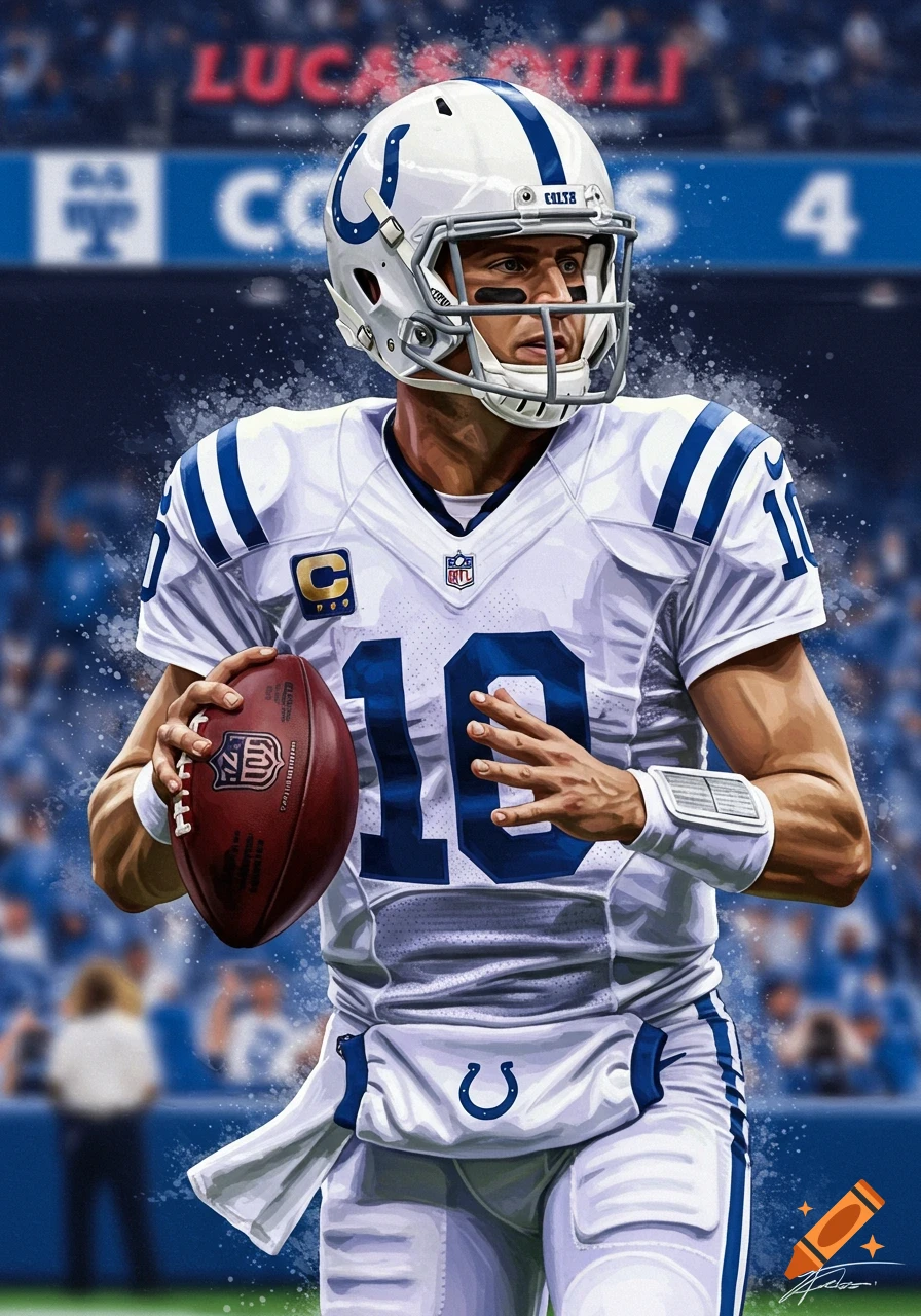 Stylized illustration of an Indianapolis Colts quarterback wearing number 10 in a stadium.