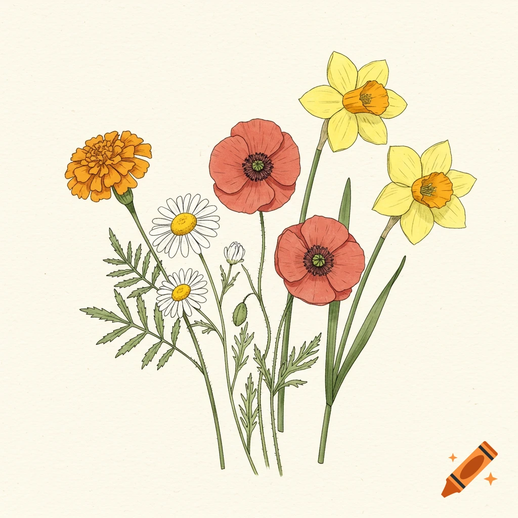 Stylized drawing of a bouquet of marigolds, poppies, daisies, and daffodils.