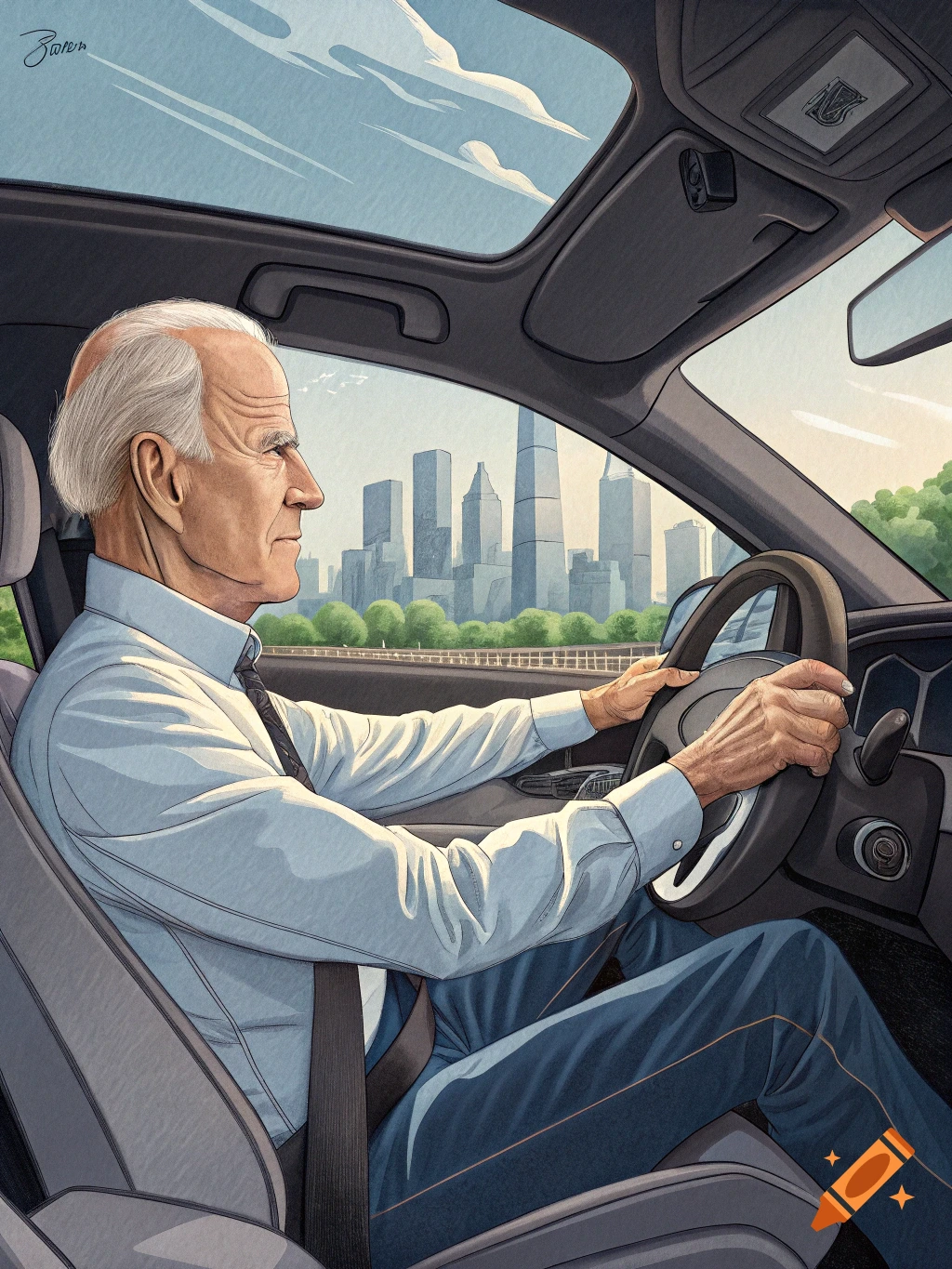 Illustration of Joe Biden driving a car with a city skyline in the background