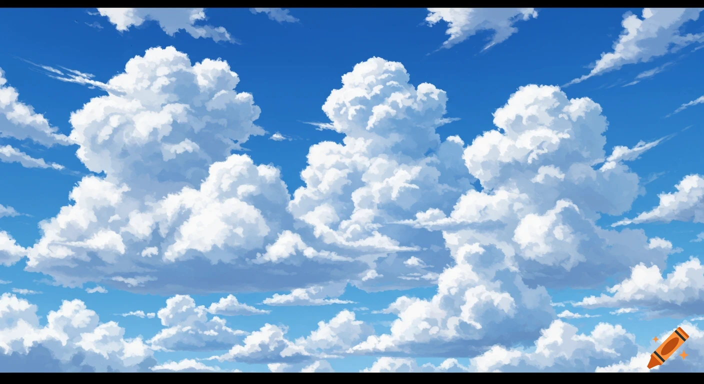 Anime style depiction of a bright blue sky filled with fluffy white clouds.