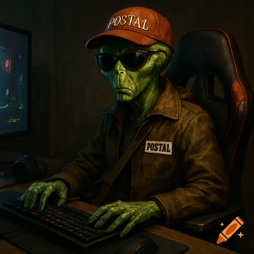 A green alien in a cap and jacket with "POSTAL" text sits at a computer desk.