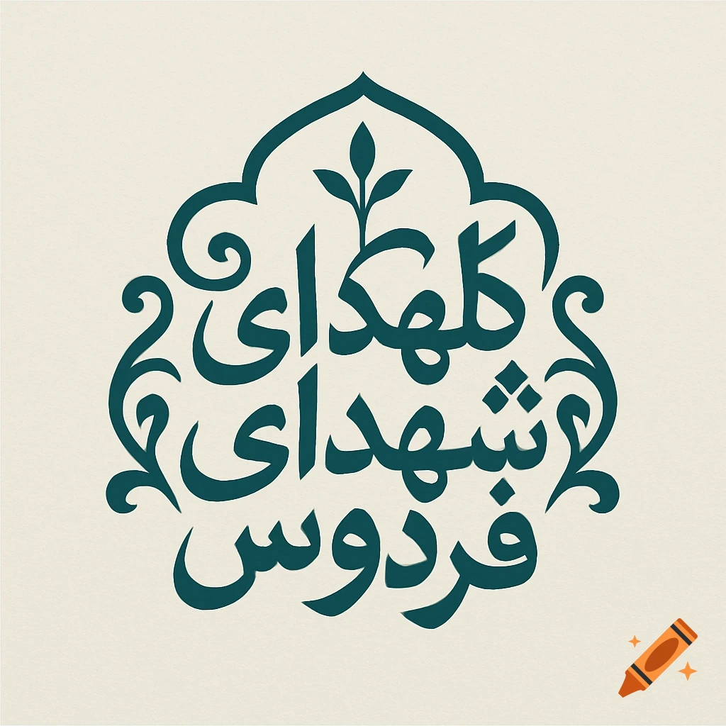 Dark teal Persian calligraphy logo in an ornamental shape on a light background.