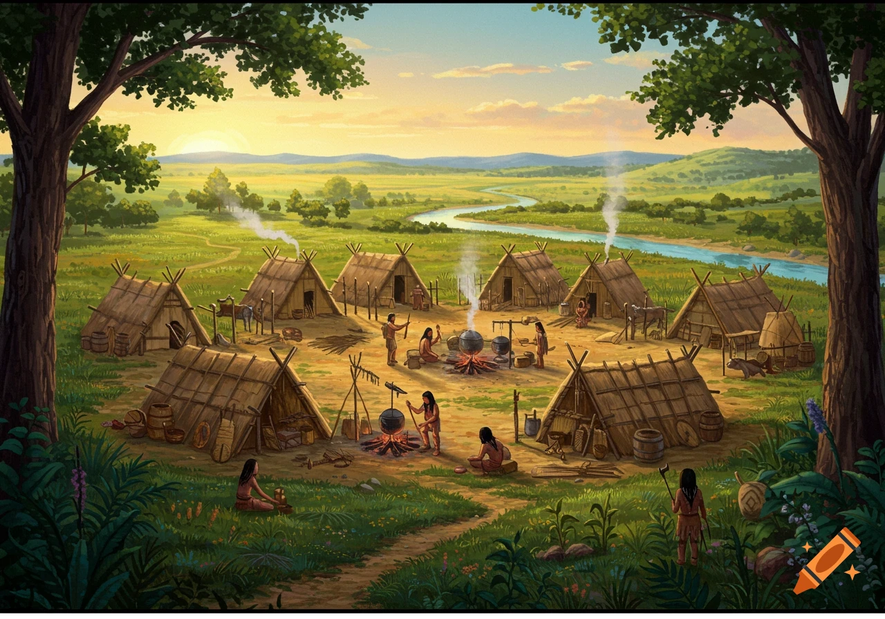 An illustration of a Native American village with huts, people, fires, and a river at sunset.