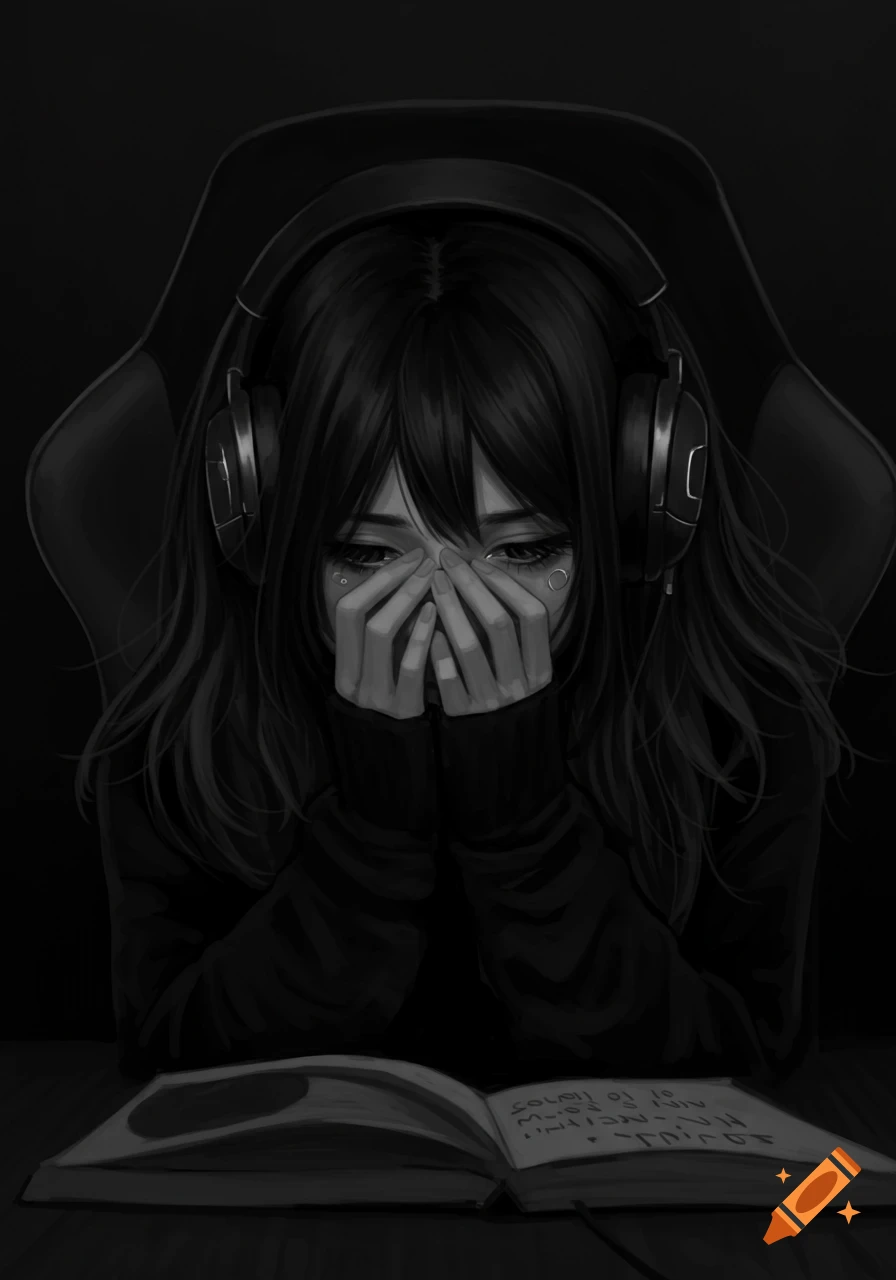 Black and white anime illustration of a sad girl with headphones covering her face with her hands, looking at an open book.