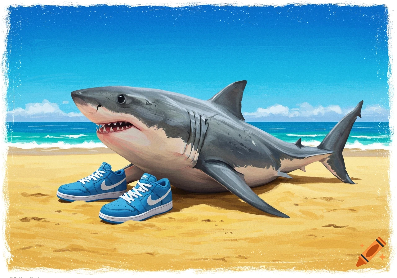 Illustration of a shark lying on a beach wearing blue sneakers.