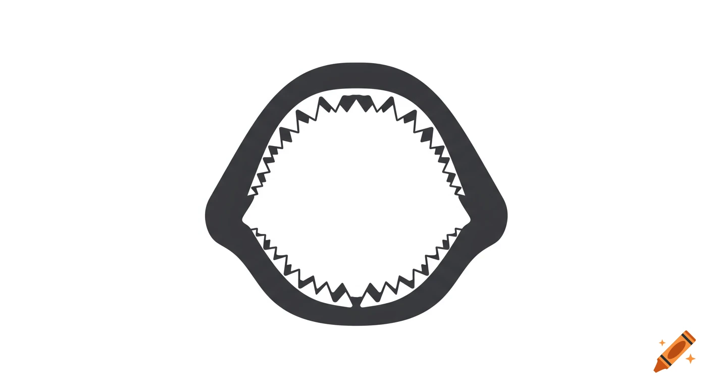 Simple graphic illustration of an open shark mouth with jagged teeth.