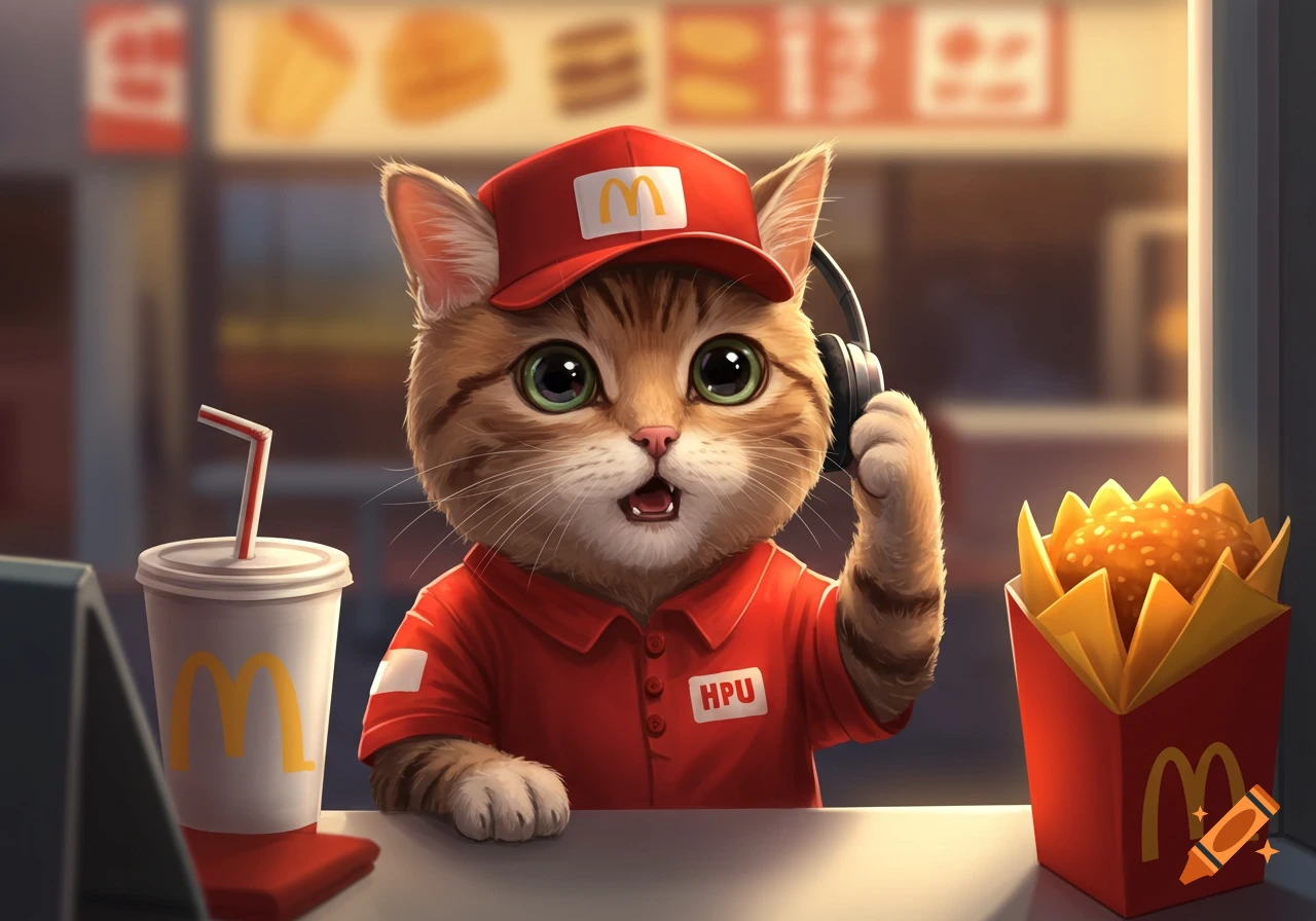 A cute cartoon cat wearing a red fast food uniform and headset stands at a counter with a drink and fries.