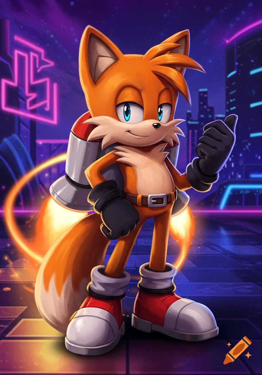 Tails the fox character with a rocket booster and thumbs up pose in a futuristic city.