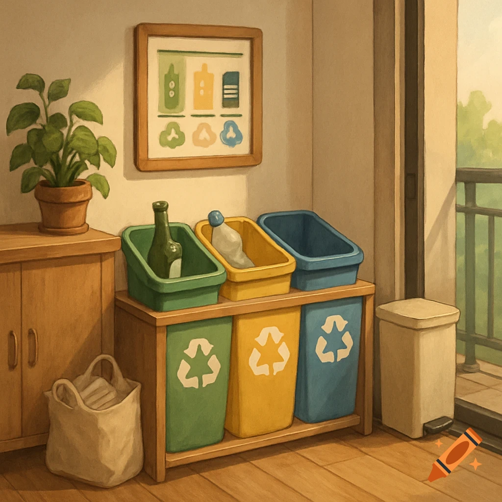 An indoor illustration of a home recycling system with colorful bins, a plant, and a framed diagram.