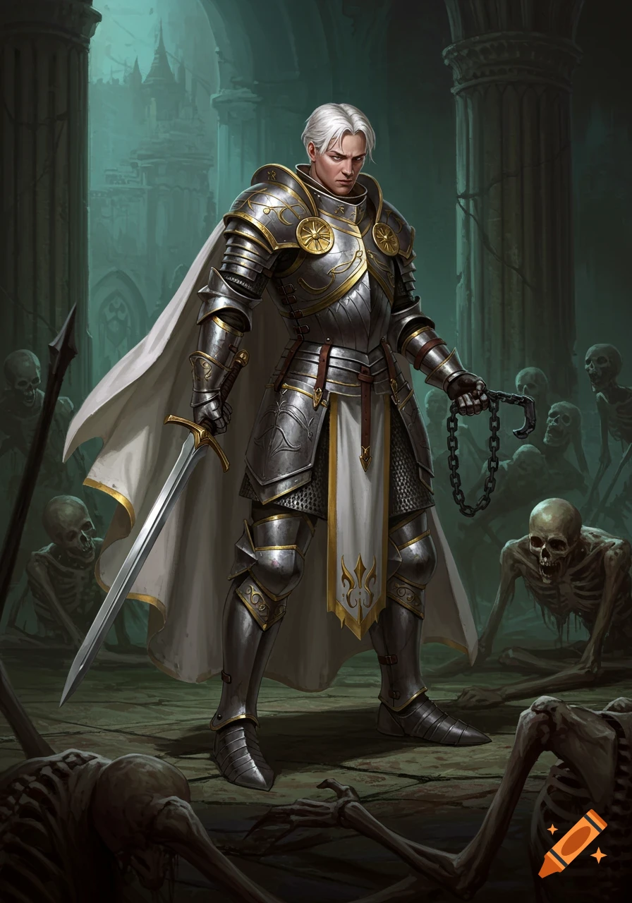 A knight in ornate armor stands among skeletons in a ruin, holding a sword and chain. Digital painting.