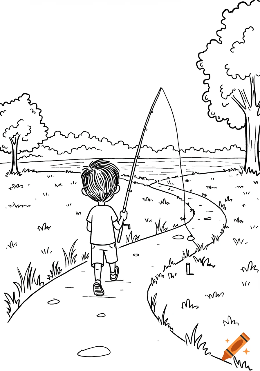 A boy walks on a path carrying a fishing pole towards a body of water, line drawing style.