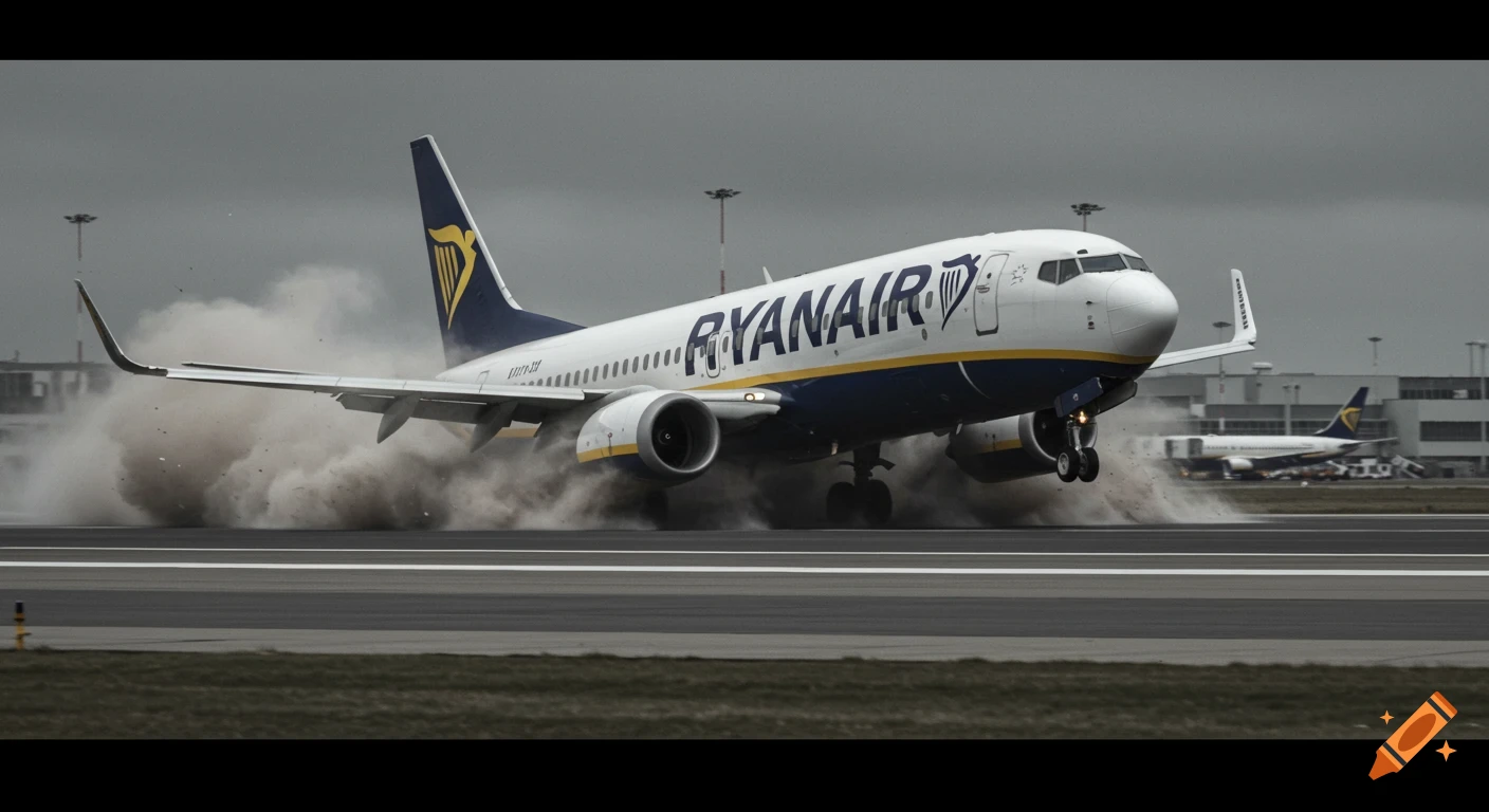 A Ryanair airplane landing on a runway kicks up a large cloud of dust or spray.