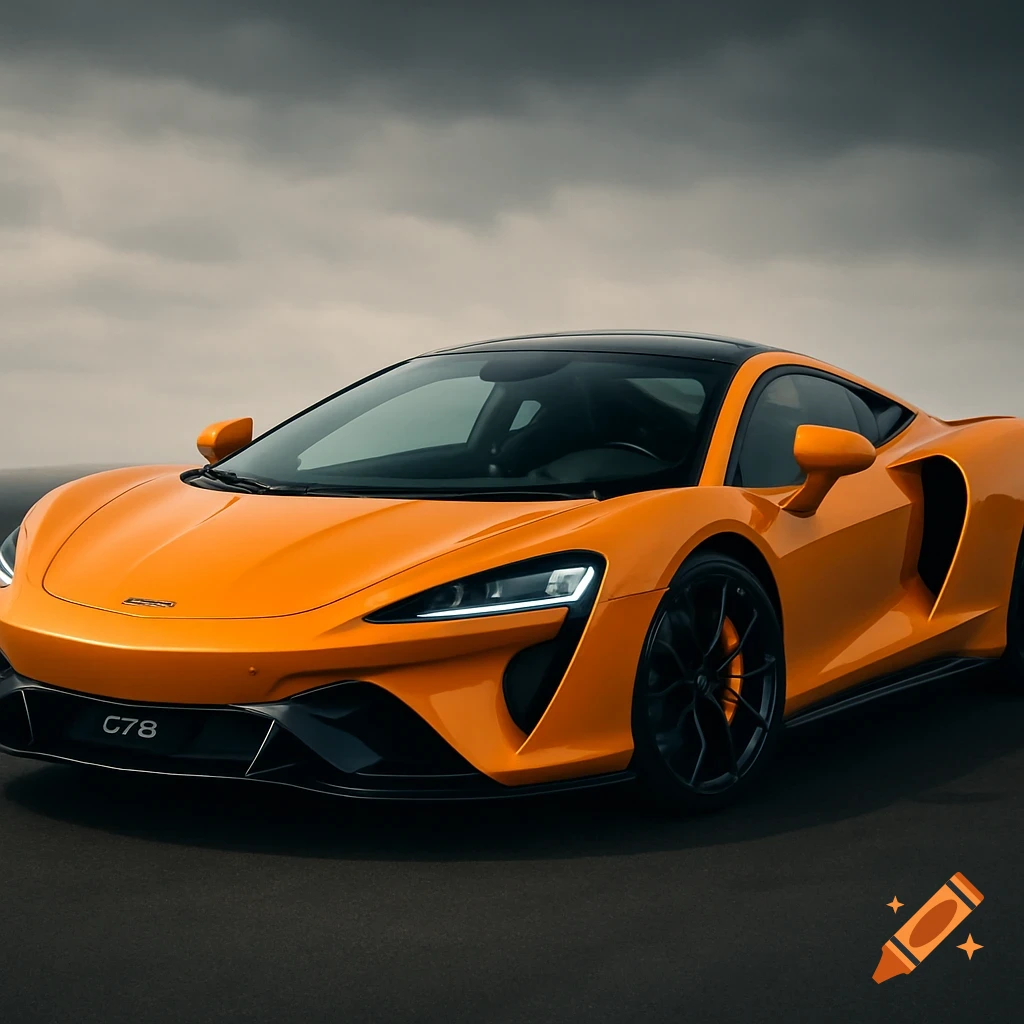 An orange McLaren GTS sports car on an overcast day.