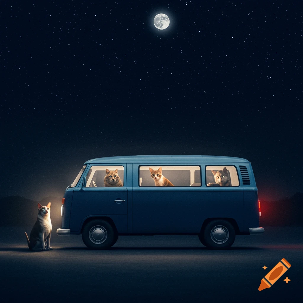 Cats in a blue van under a starry night with a full moon