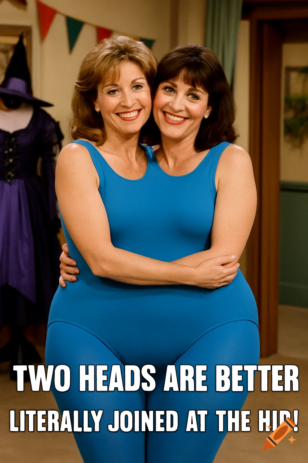 Two women in a blue leotard smiling, appearing joined at the hip, in a room styled like a 90s sitcom set. Text says 'Two heads are better Literally joined at the hip!'